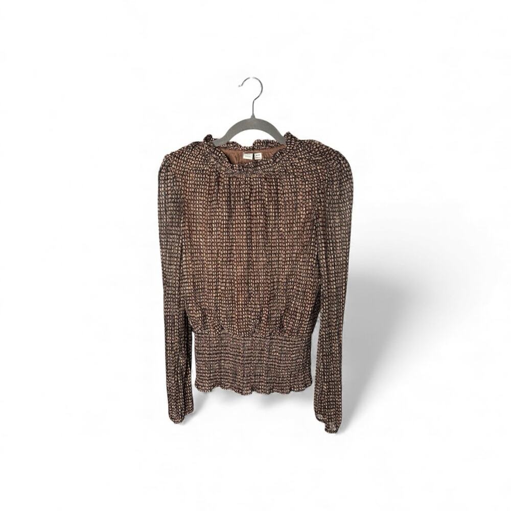 Joie Brown Gold Metallic Square Print High Neck Blouse Medium